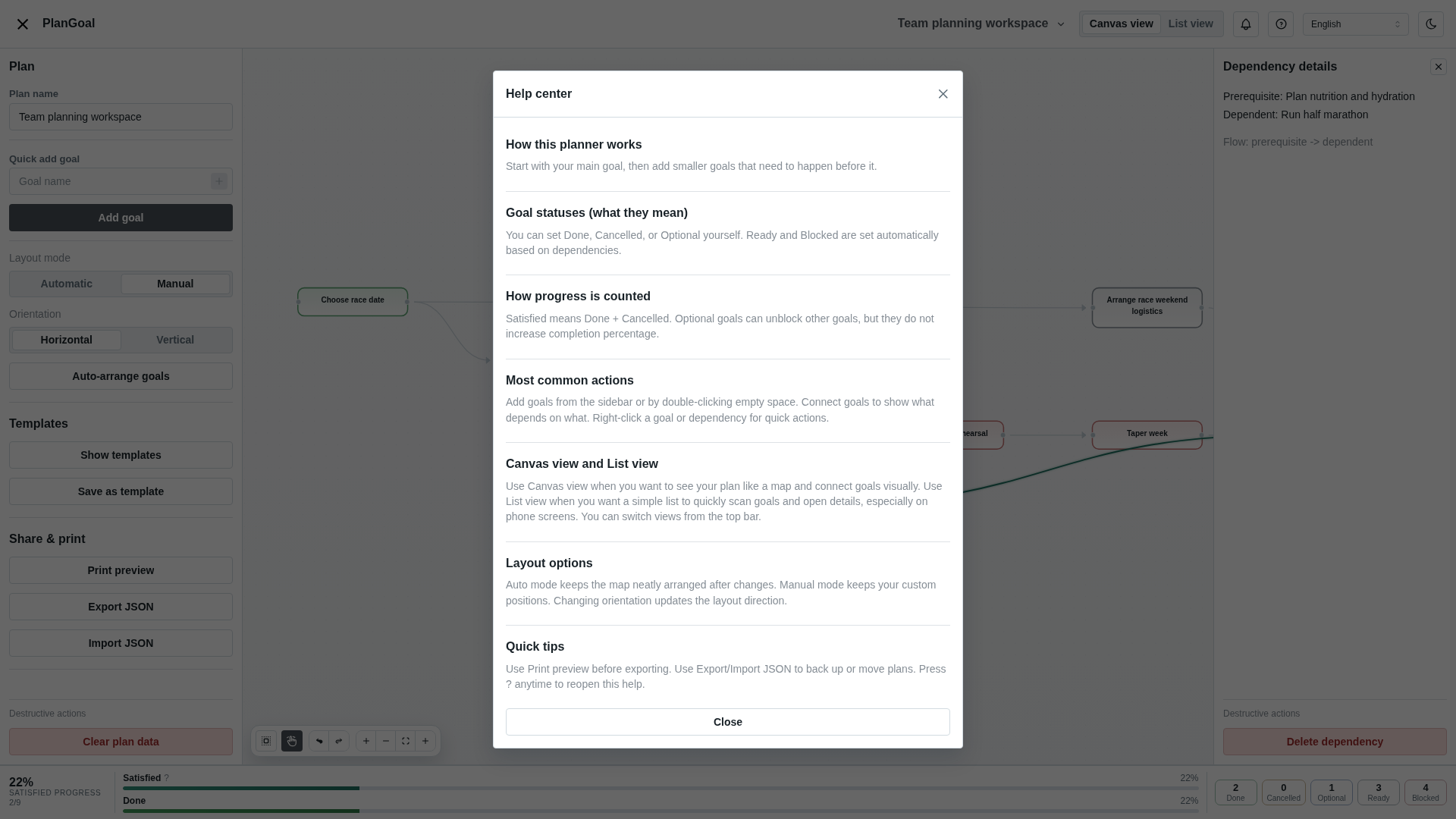 PlanGoal help center modal