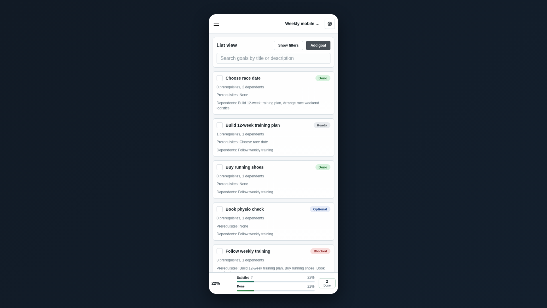 PlanGoal list view workspace