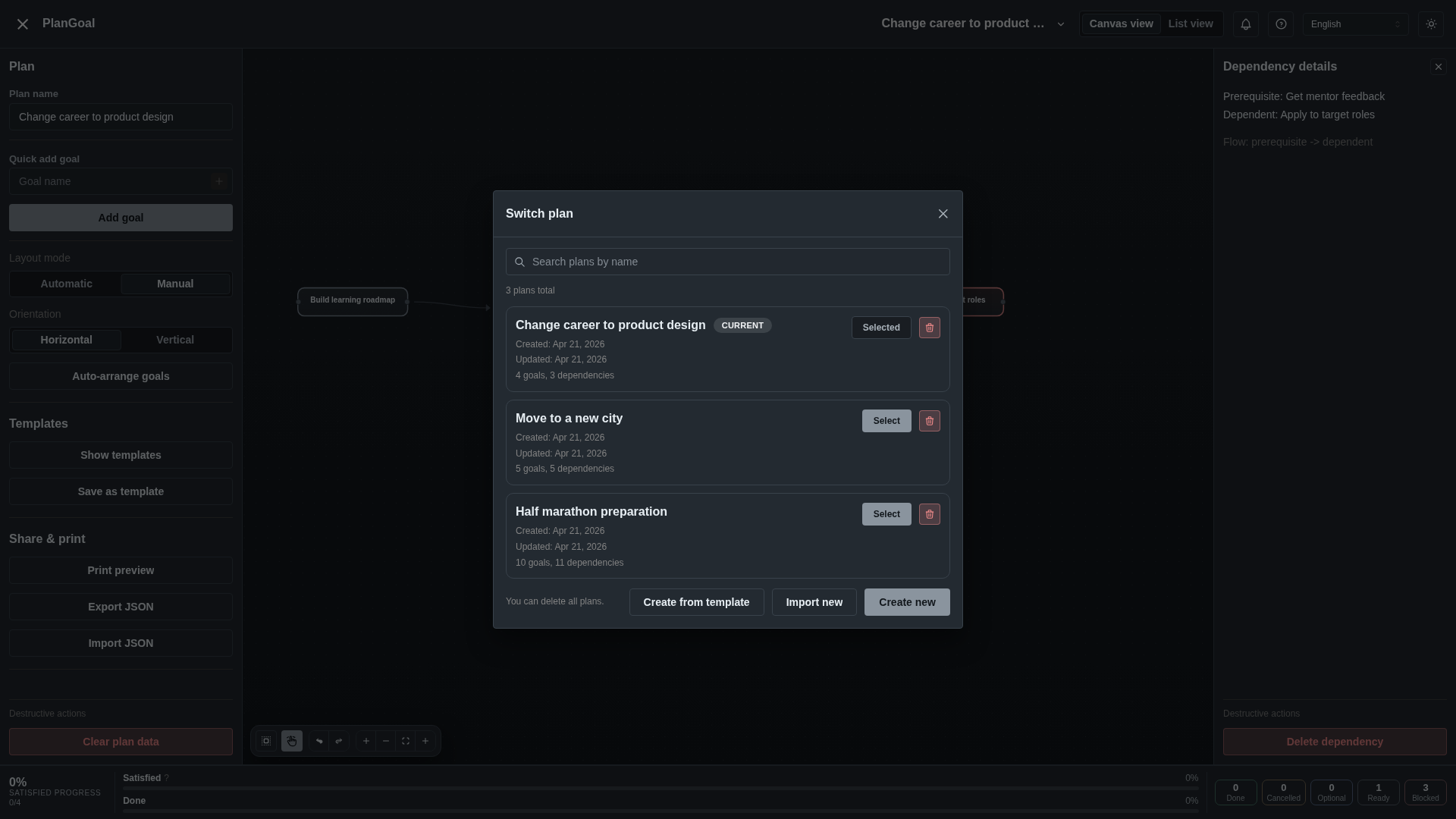 PlanGoal plan switcher modal preview
