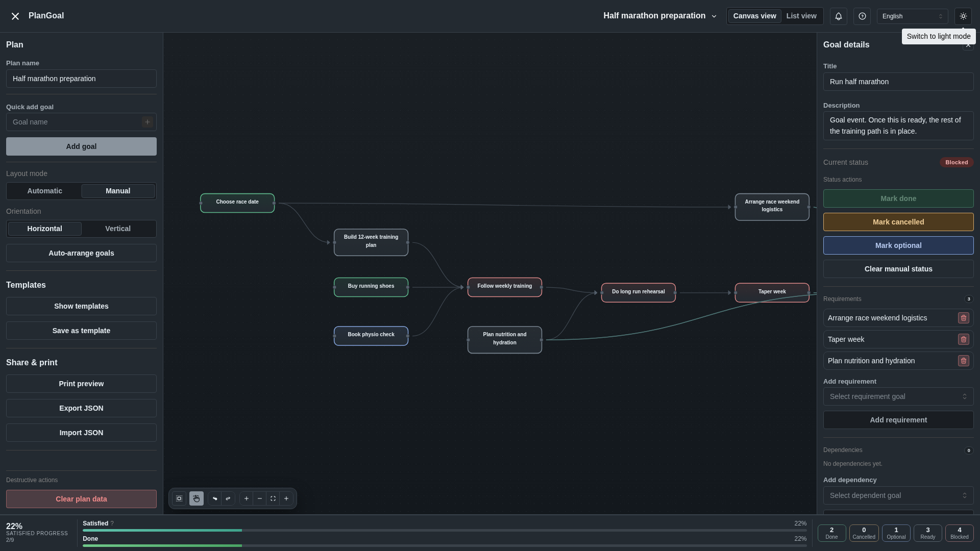 PlanGoal right inspector with node details